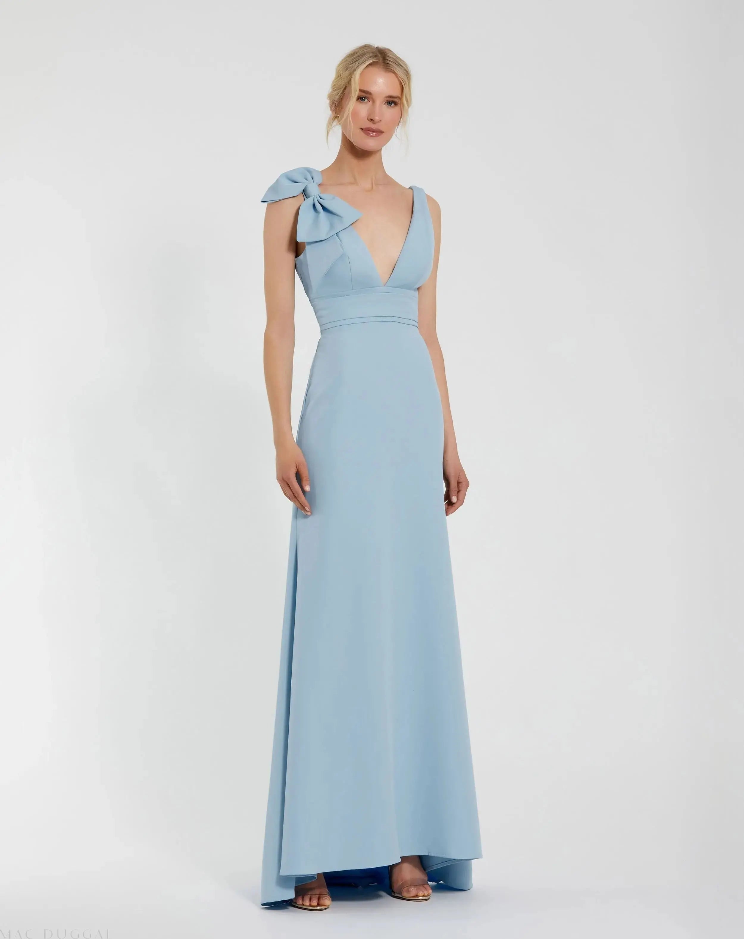 Blue Sleeveless V Neck Bow Detail Mermaid Gown