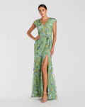 Green Faux Wrap Embroidered Cap Sleeve Gown