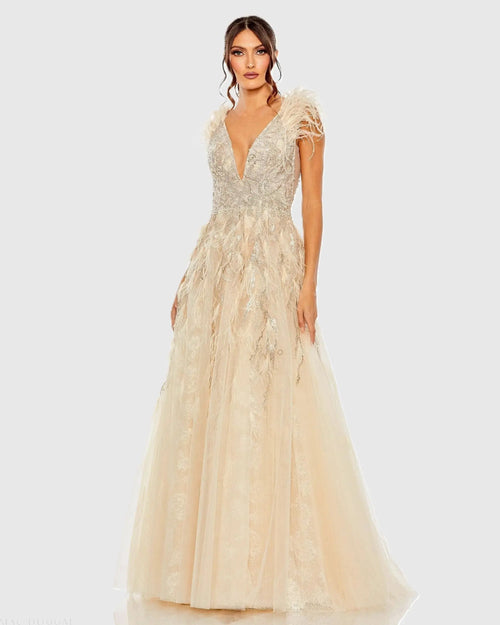 Beige Embellished Feathered Sleeveless A Line Gown