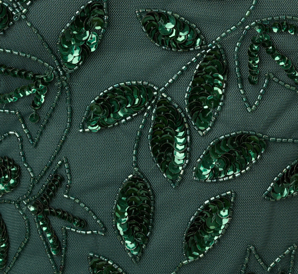Hand Beaded Short Sleeve Floral Godet Gown In Dusty Emerald