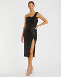Black Sequined One Shoulder Front Bow Dress