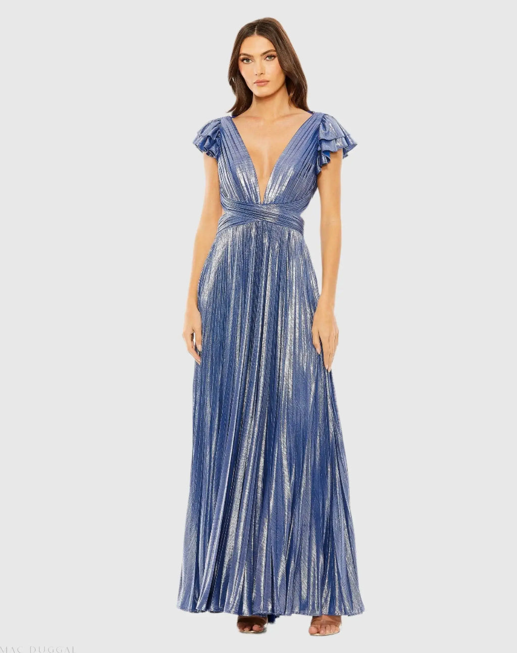 Blue Ruffle Sleeve Cutout Pleated Metallic Gown