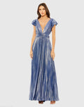 Blue Ruffle Sleeve Cutout Pleated Metallic Gown