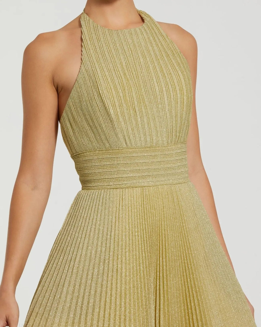 Gold Shimmering Pleated High Neck Ball Gown