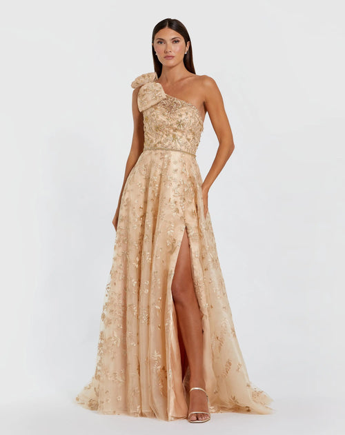 Beige Embellished Bow One Shoulder A Line Gown