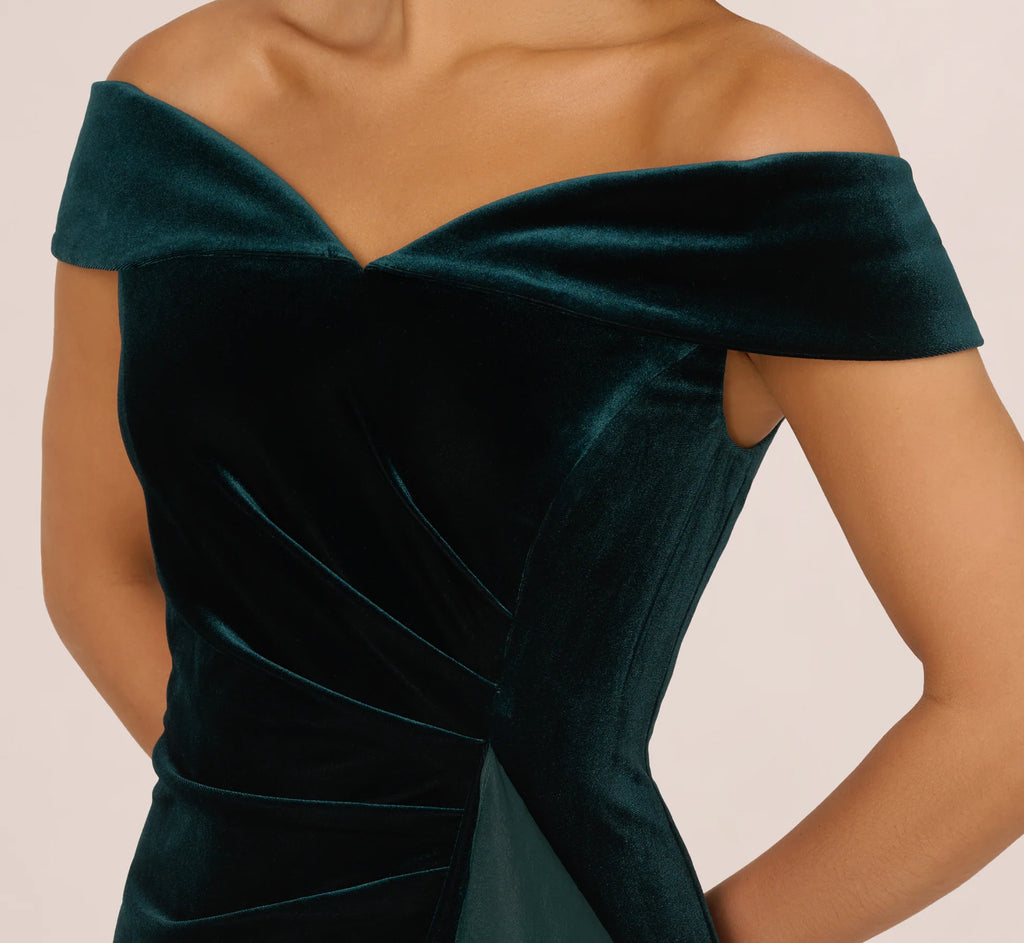 Off The Shoulder Velvet Mermaid Gown With Organza Ruffle In Hunter