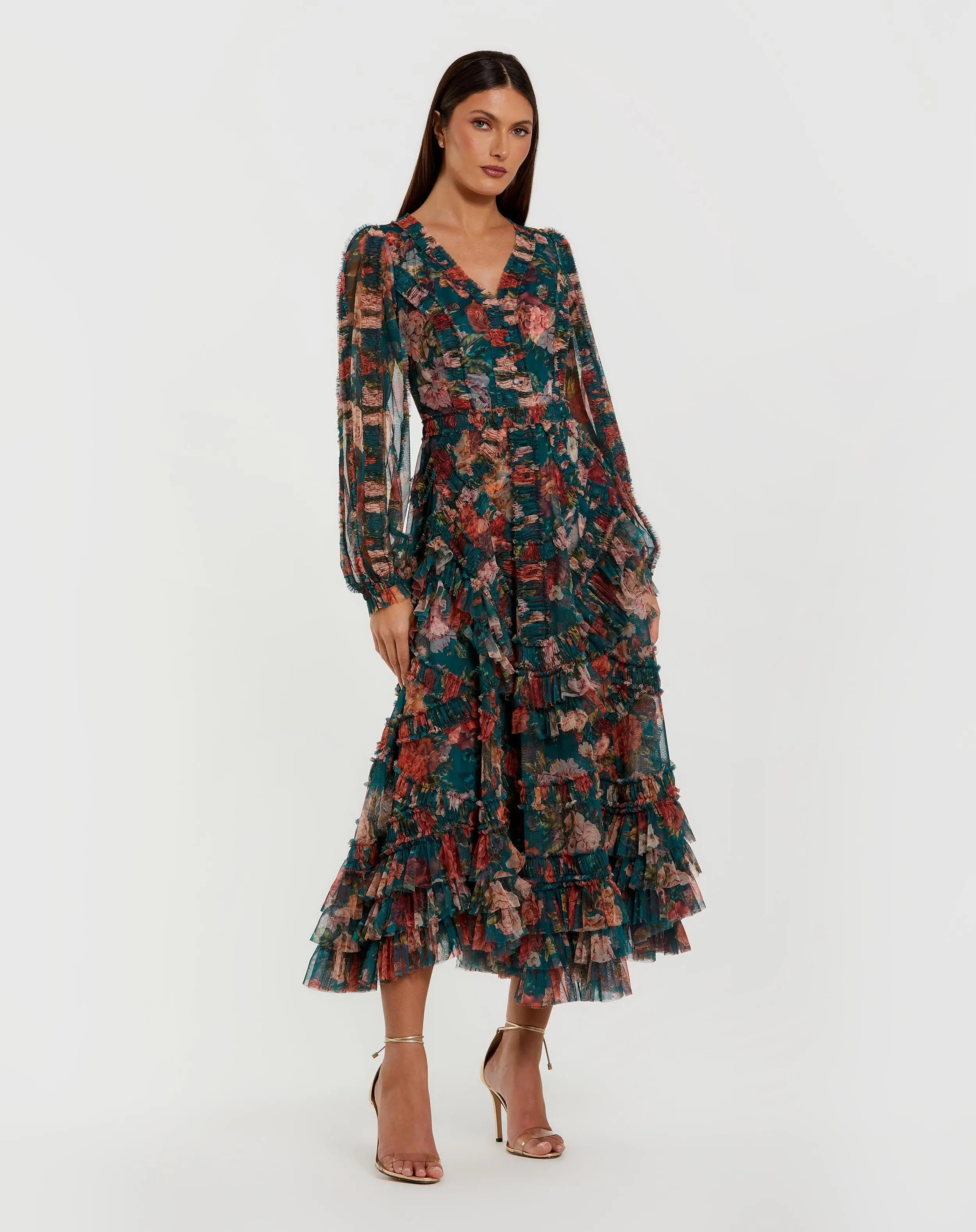 Teal Long Sleeve Floral Midi Dress With Ruffles