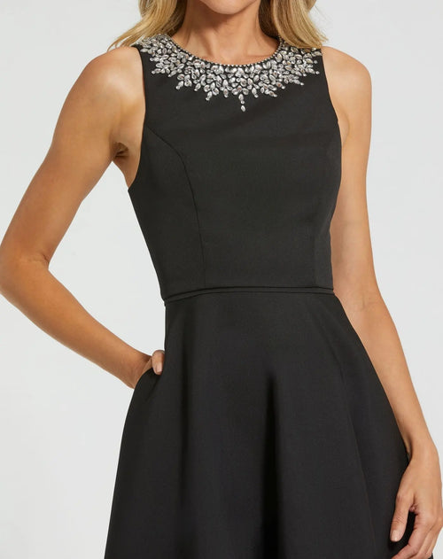 Black Crepe Embellished Neck High Low Gown