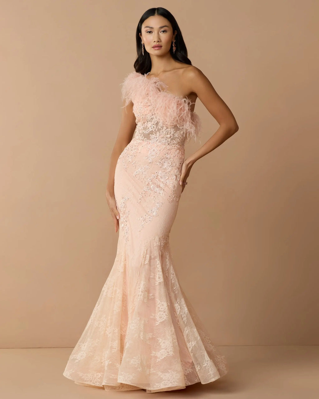 Pink One Shoulder Feather Embellished Mermaid Gown