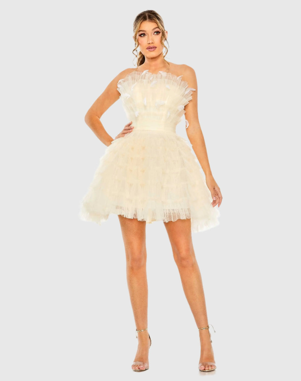 Beige Feathered Strapless Tulle Fit and Flare Dress