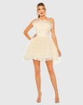 Beige Feathered Strapless Tulle Fit and Flare Dress