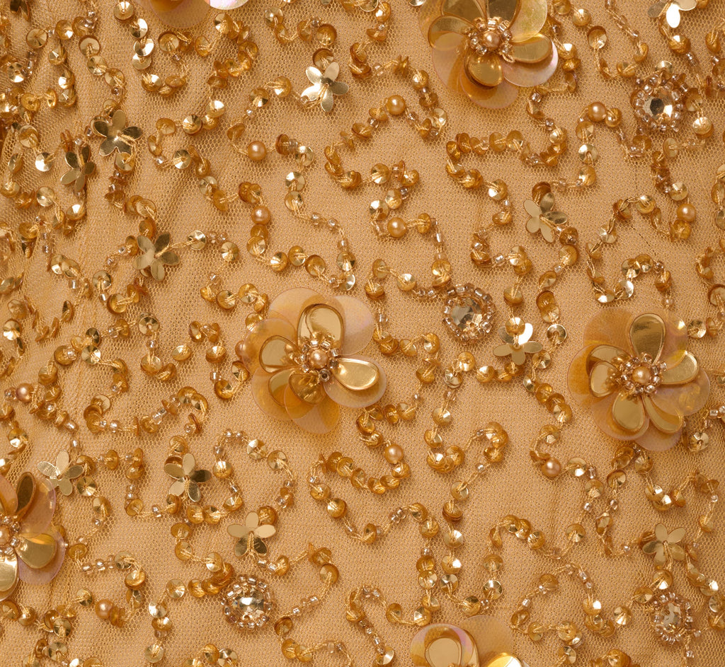 Sleeveless V Neck 3D Floral Beaded Gown In Golden Ray