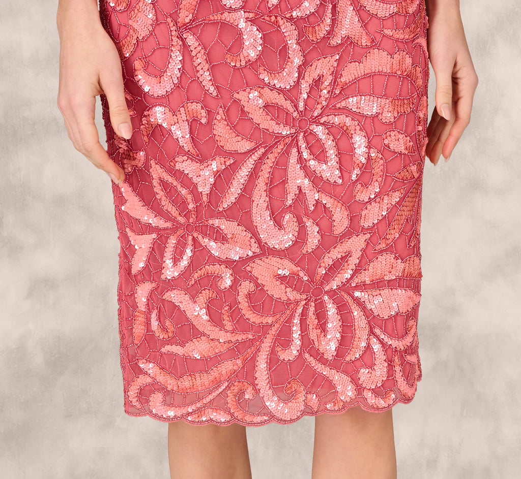 Beaded Halter Midi Sheath Dress In Summer Rose