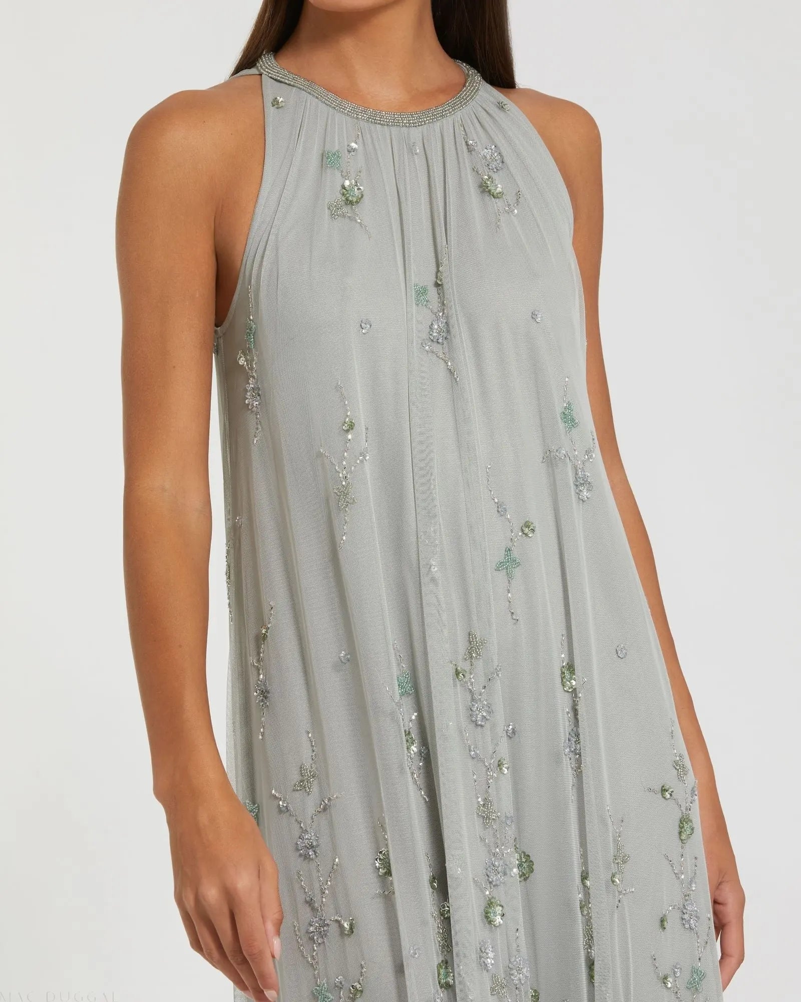 Green High Neck Floral Embellished Mesh Trapeze Gown