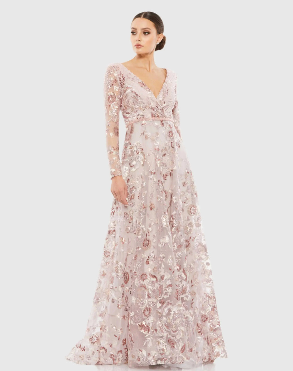 Embellished V Neck Illusion Long Sleeve A Line Gown
