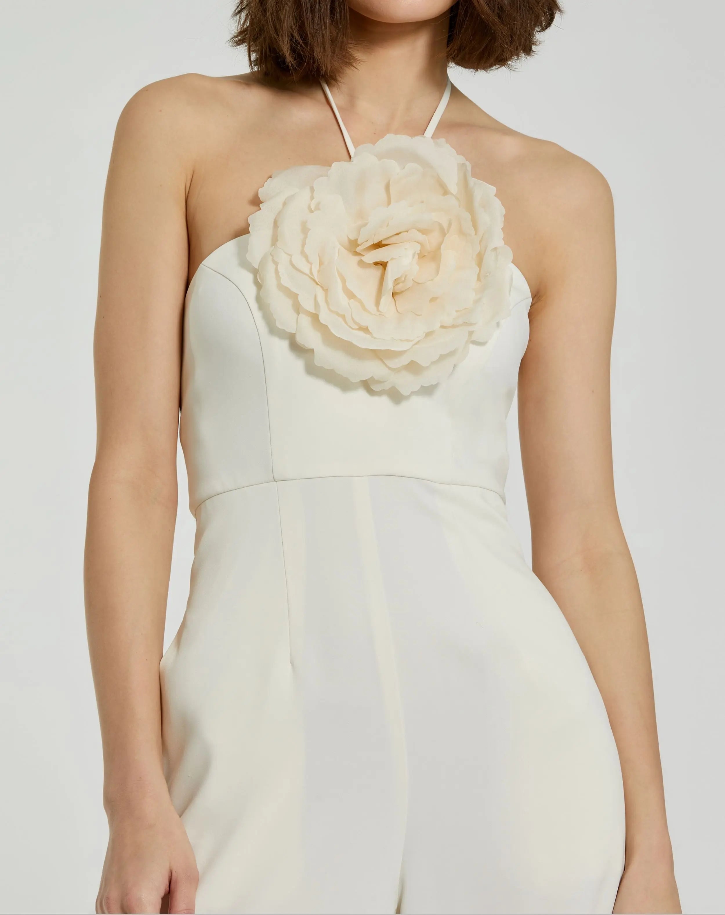 Ivory Halter Neck Crepe Jumpsuit With 3D Flower