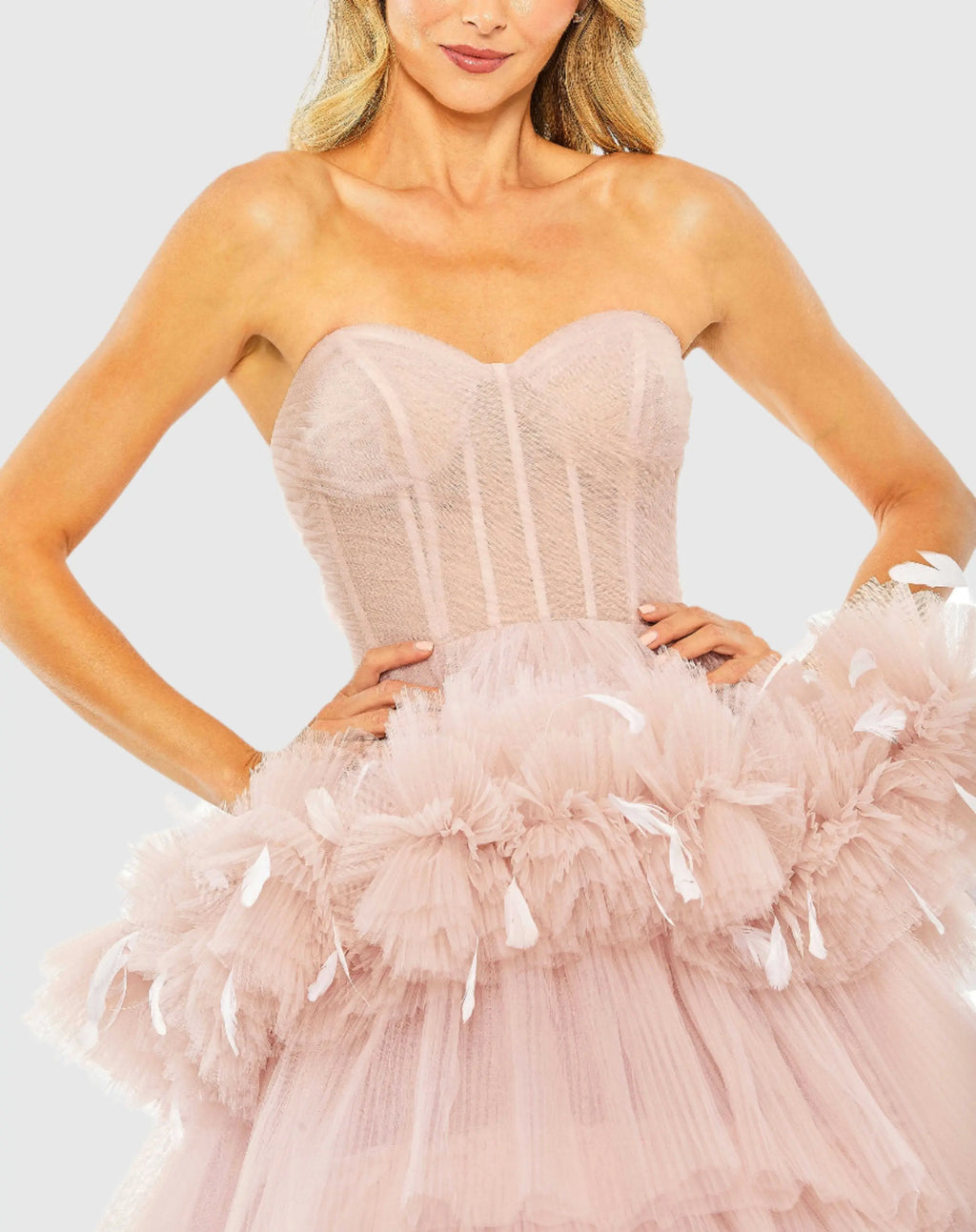 Pink Strapless Tulle Gown with Feather Detail
