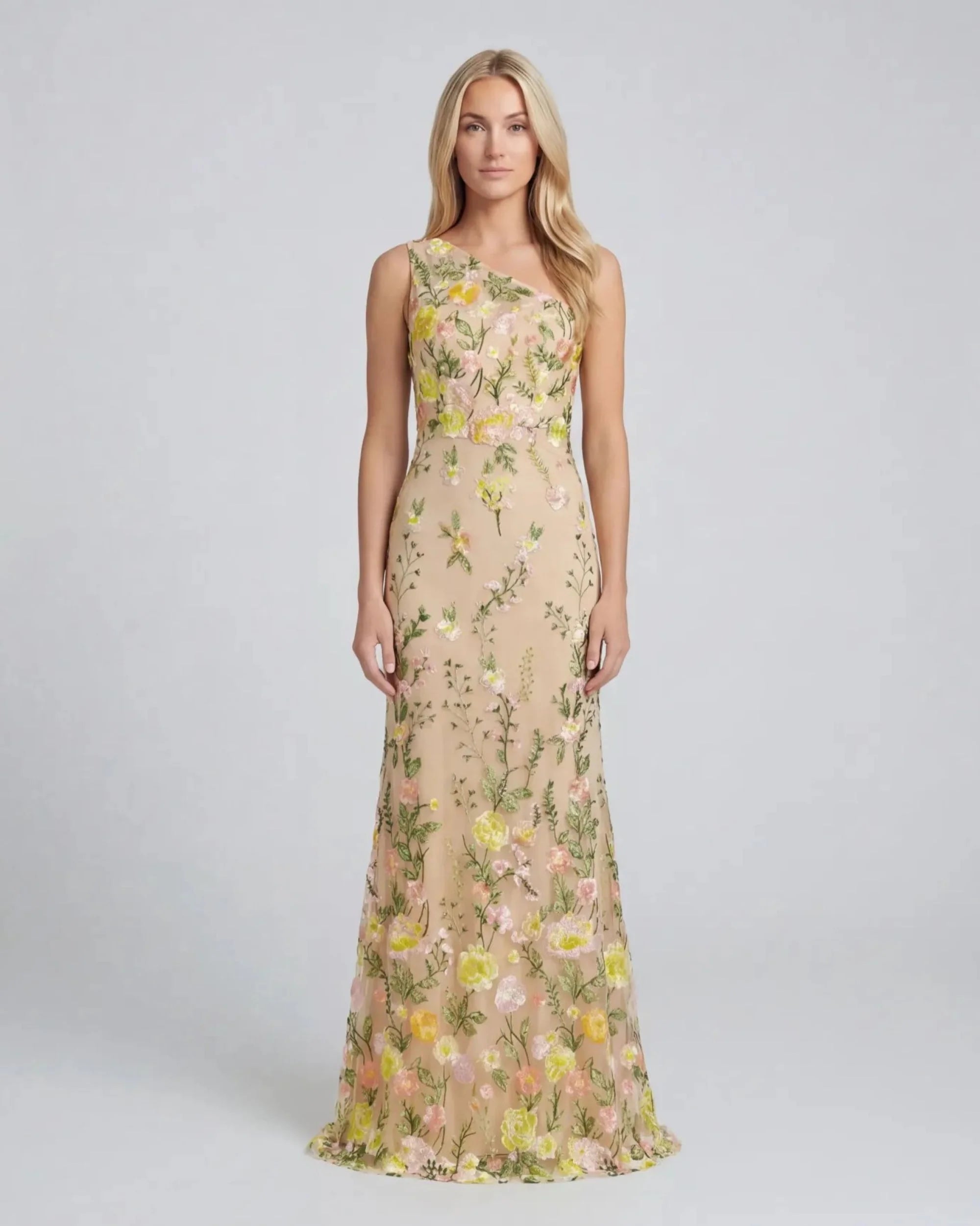 One Shoulder Floral Embroidered Gown