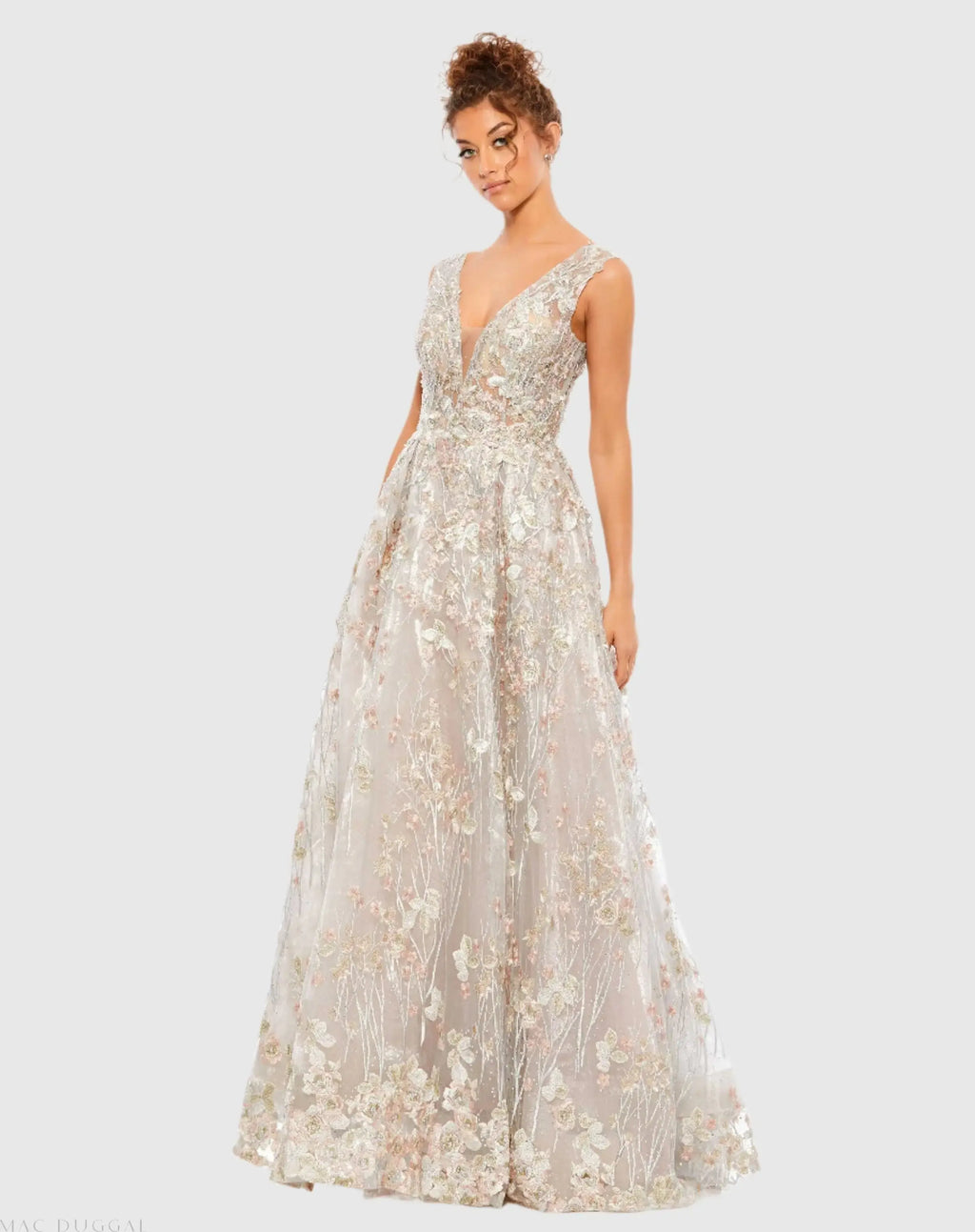 Floral Embroidered Illusion V-Neck Gown