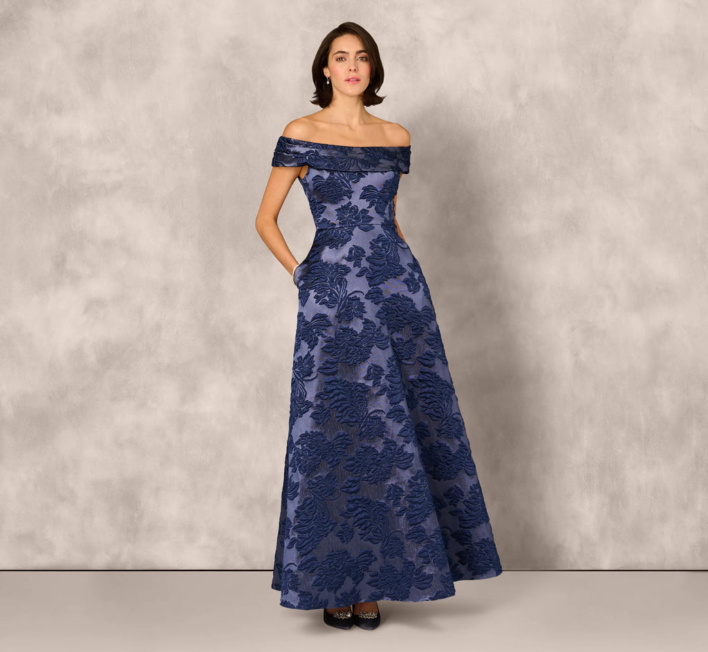 Off Shoulder Textured Floral Jacquard Gown In Navy