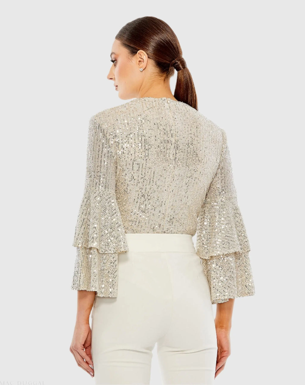 Silver Ruffle 3/4 Sleeve Sequin Bodysuit
