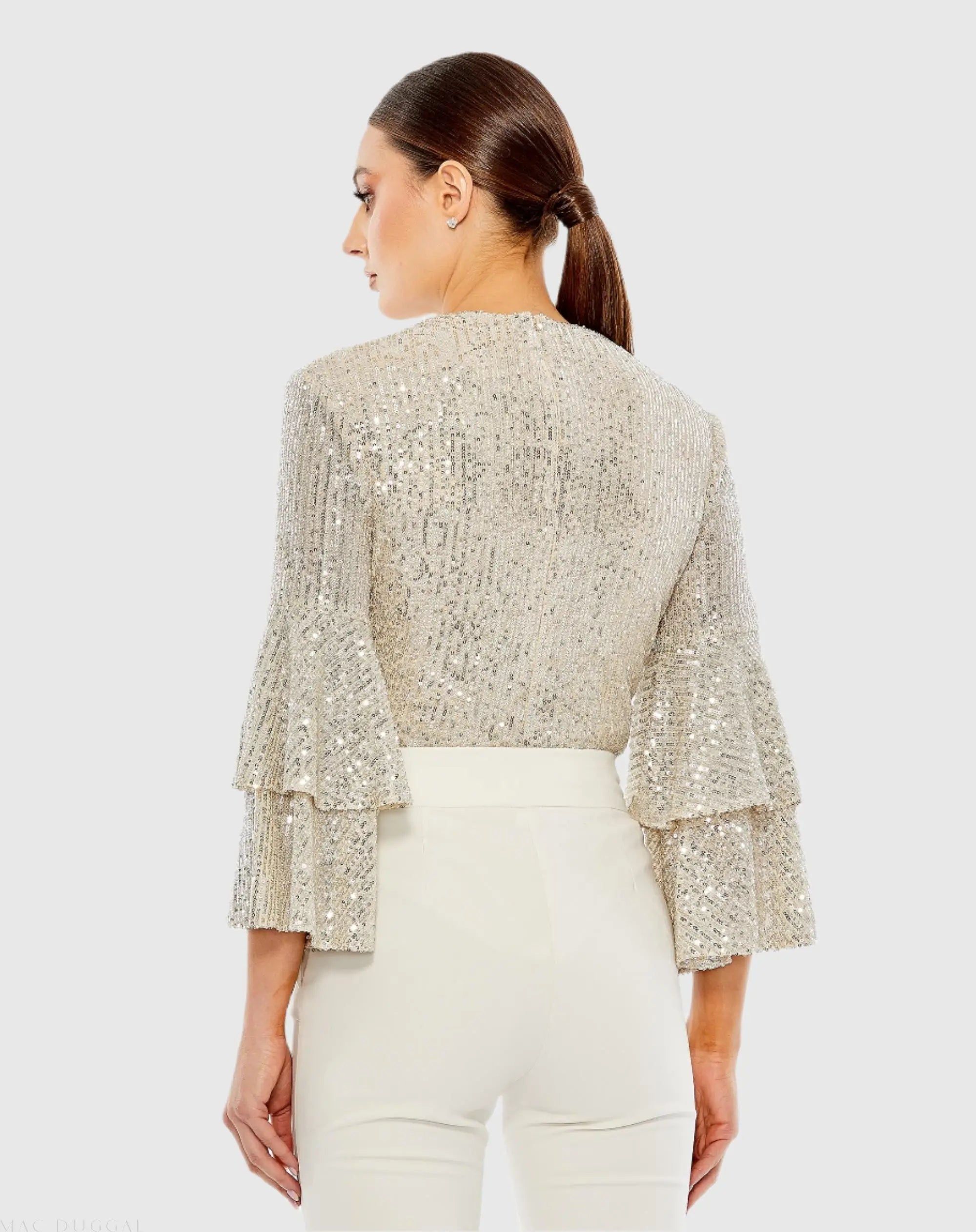 Silver Ruffle 3/4 Sleeve Sequin Bodysuit