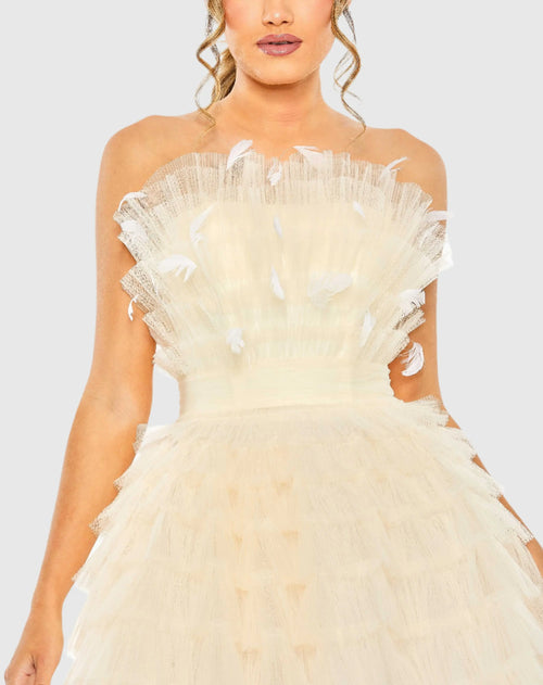 Beige Feathered Strapless Tulle Fit and Flare Dress
