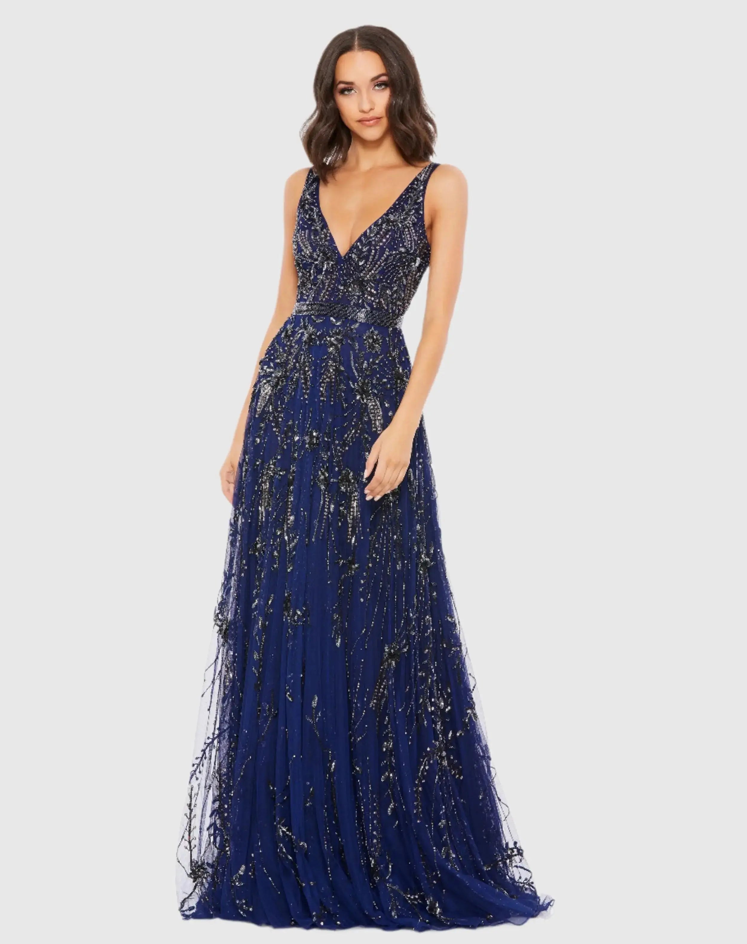 Sleeveless V-Neck Embellished Tulle Gown