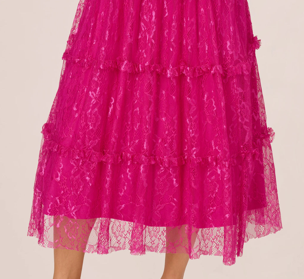 Sleeveless Square Neck Tiered Lace Midi Dress In Electric Passion