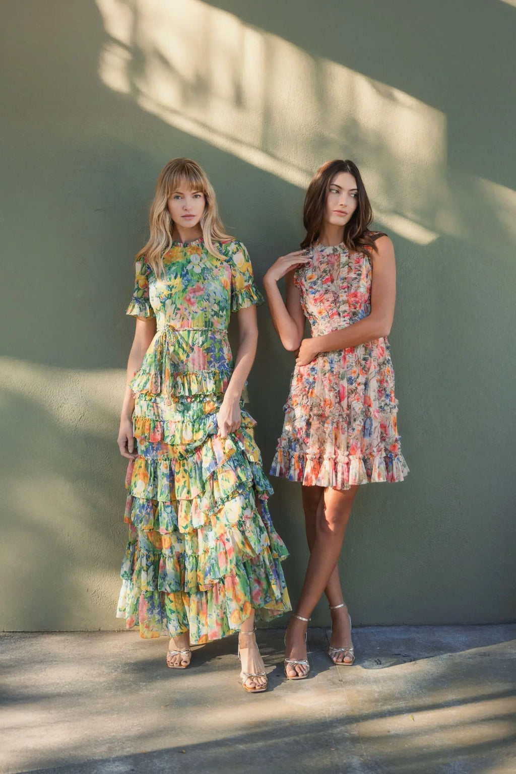 Green Ruffle Tiered Chiffon Floral Dress