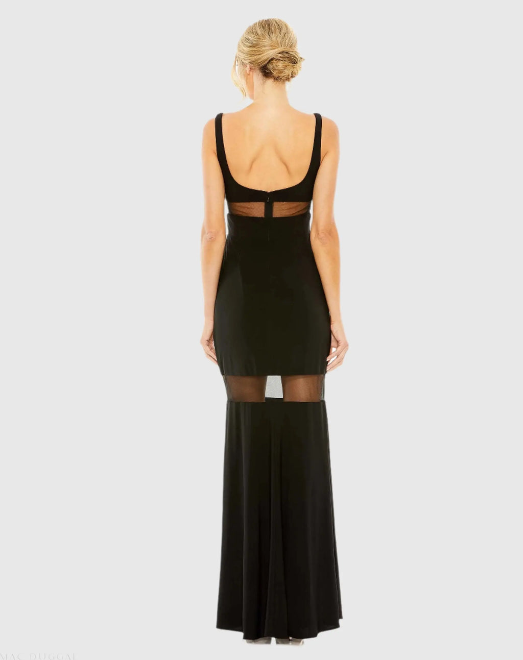 Black Sleeveless Sheer Mesh Panel Column Gown