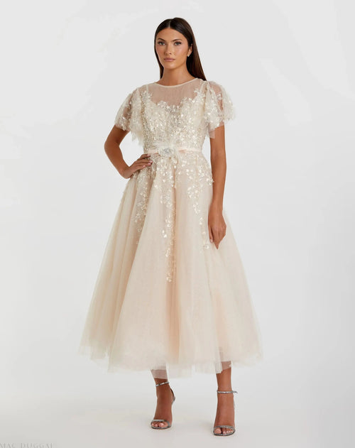 Beige Embellished Flutter Sleeve Bow Waist A Line Dress