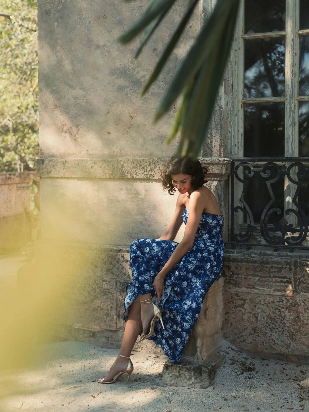 Blue Strapless Brocade Midi Dress