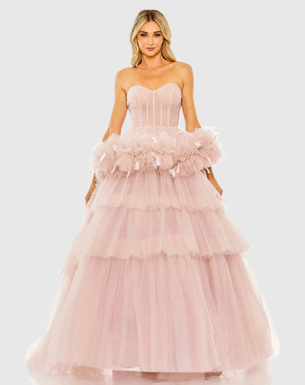 Pink Strapless Tulle Gown with Feather Detail