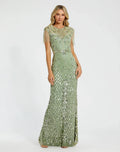 Petite Green High Neck Beaded Fringe Fitted Gown