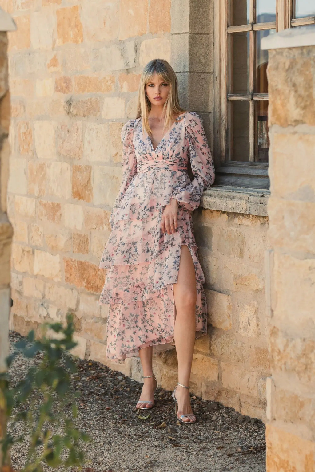 Pink Puff Sleeve Floral Printed Dress