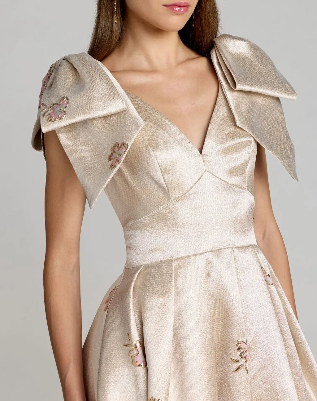 Ivory Brocade V Neck Ball Gown With Bow Straps