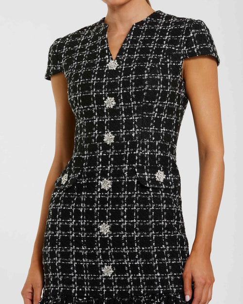 Black Cap Sleeve Boucle A Line Midi Dress