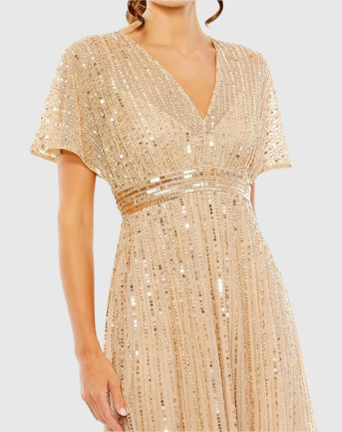 Beige Embellished Short Sleeve Empire Waist Dress