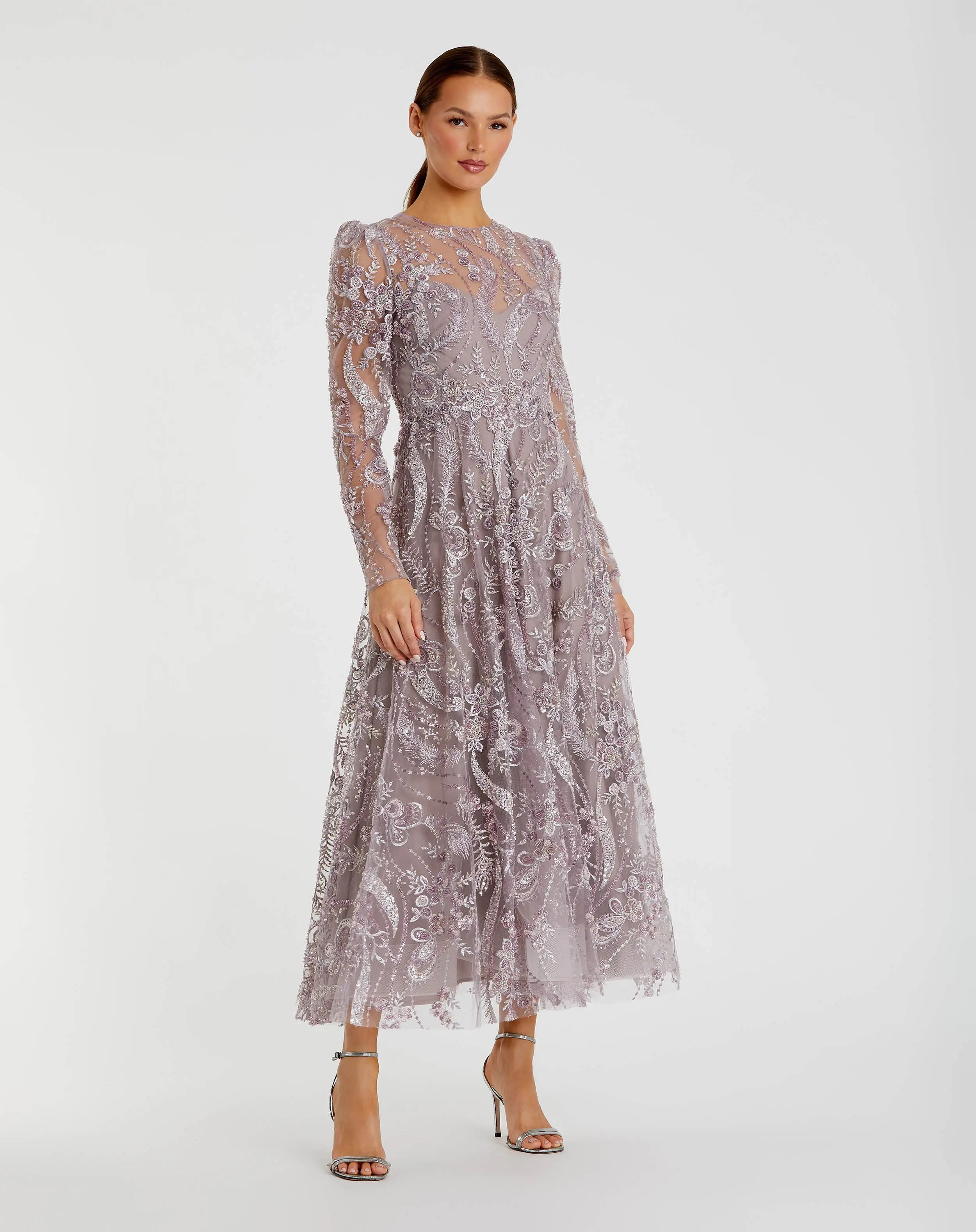 Purple Floral Embroidered High Neck Long Sleeve Dress