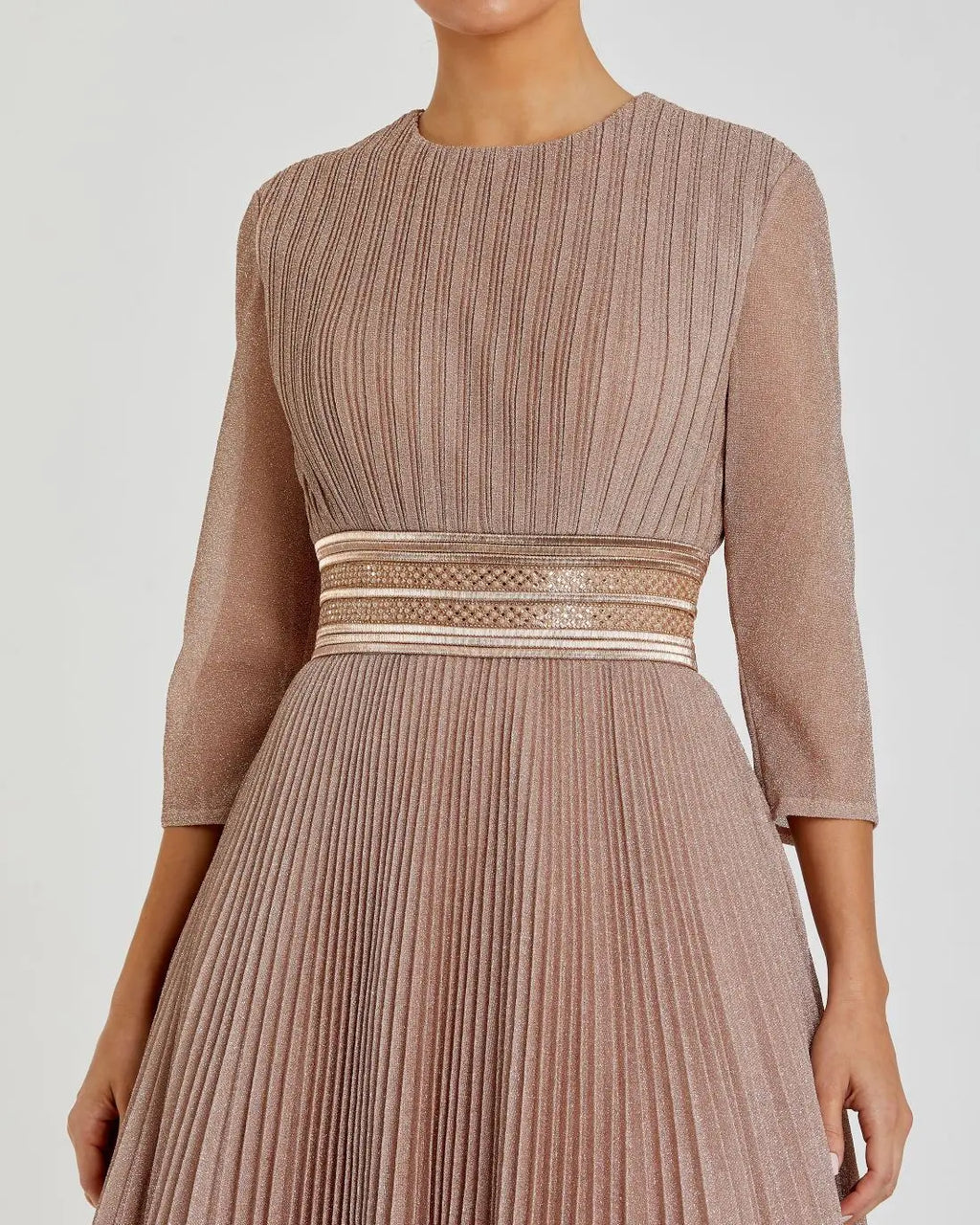 Pink Shimmering Pleated 3/4 Sleeve Ball Gown