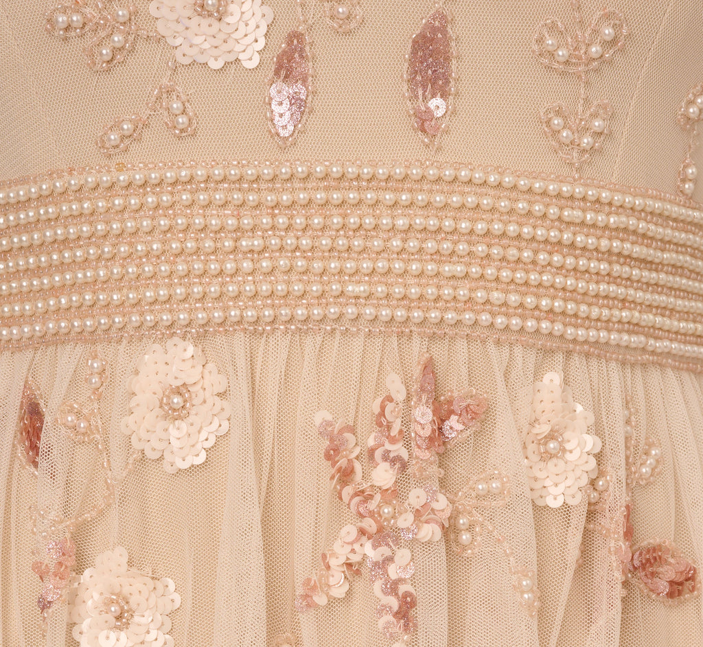 Cap Sleeve Pearly Sequin Cocktail Dress In Pale Pink
