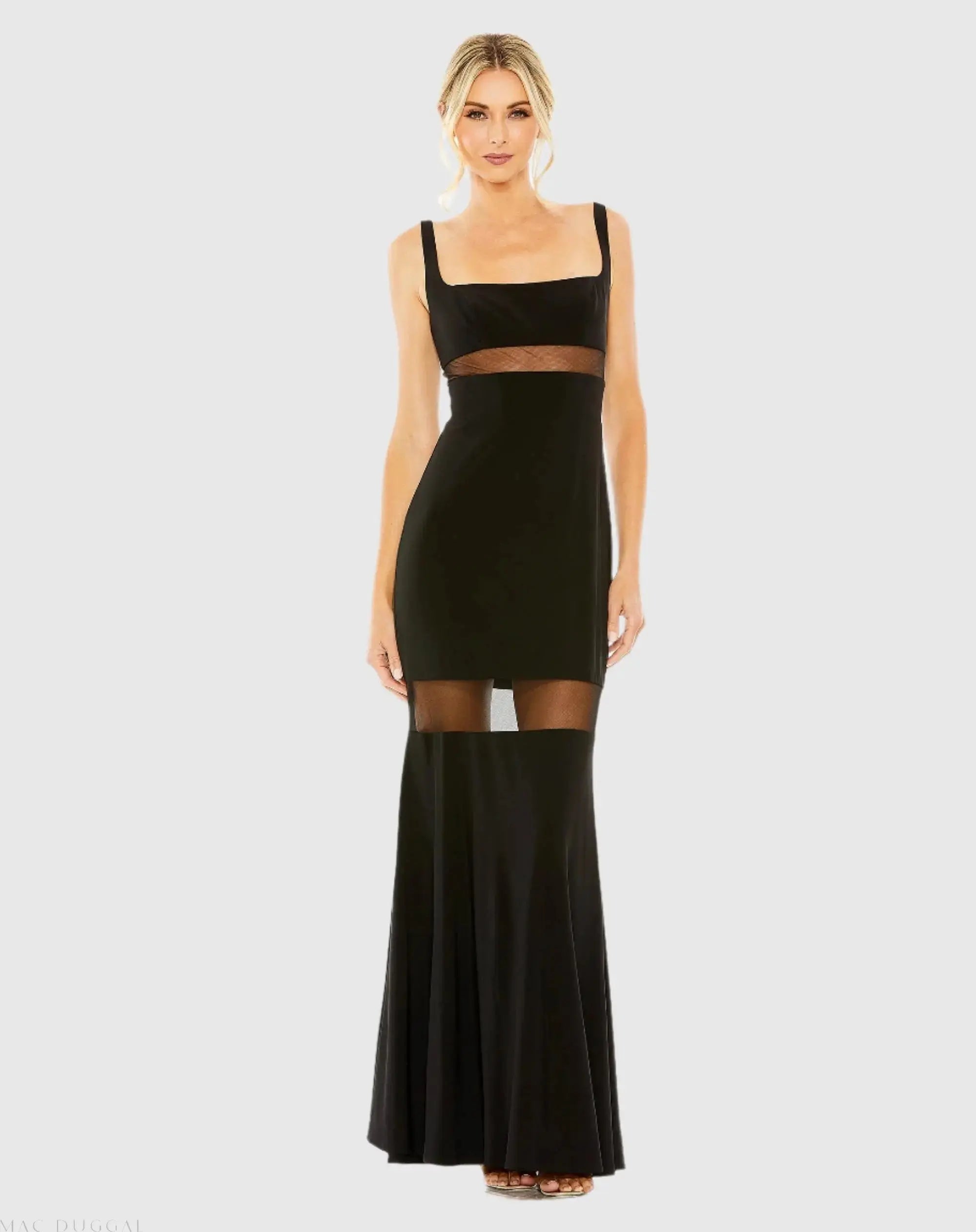 Black Sleeveless Sheer Mesh Panel Column Gown