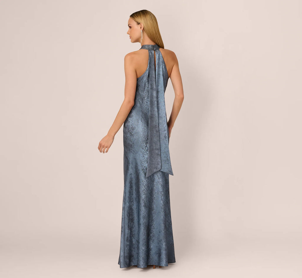 Foiled Mermaid Gown With Halter Neckline In French Blue