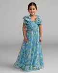 Girls Blue Floral Chiffon Ruffle Shoulder Dress