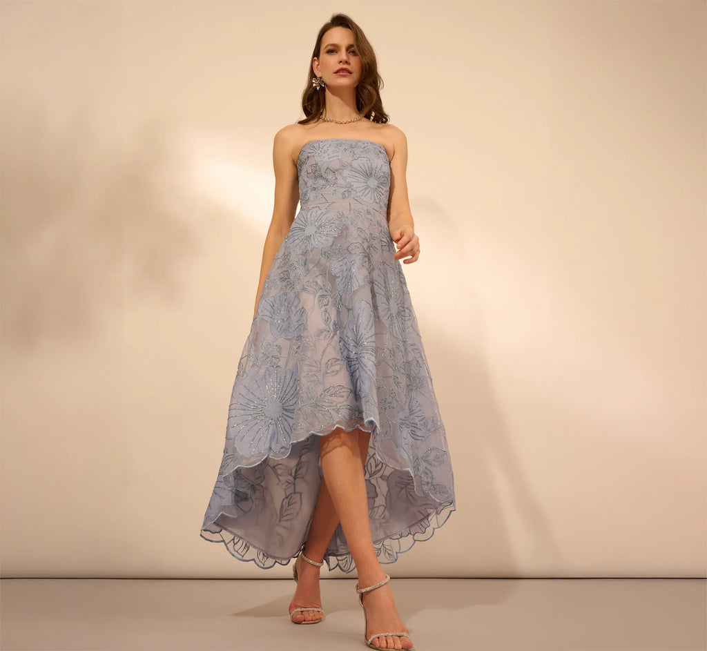 Strapless Floral Embroidered High Low Midi Dress In Blue Cloud