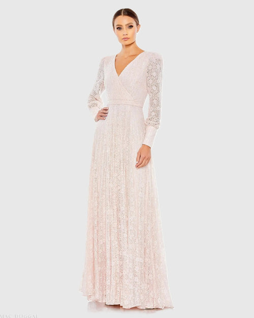 Beaded Lace Long Sleeve Wrap Over Gown