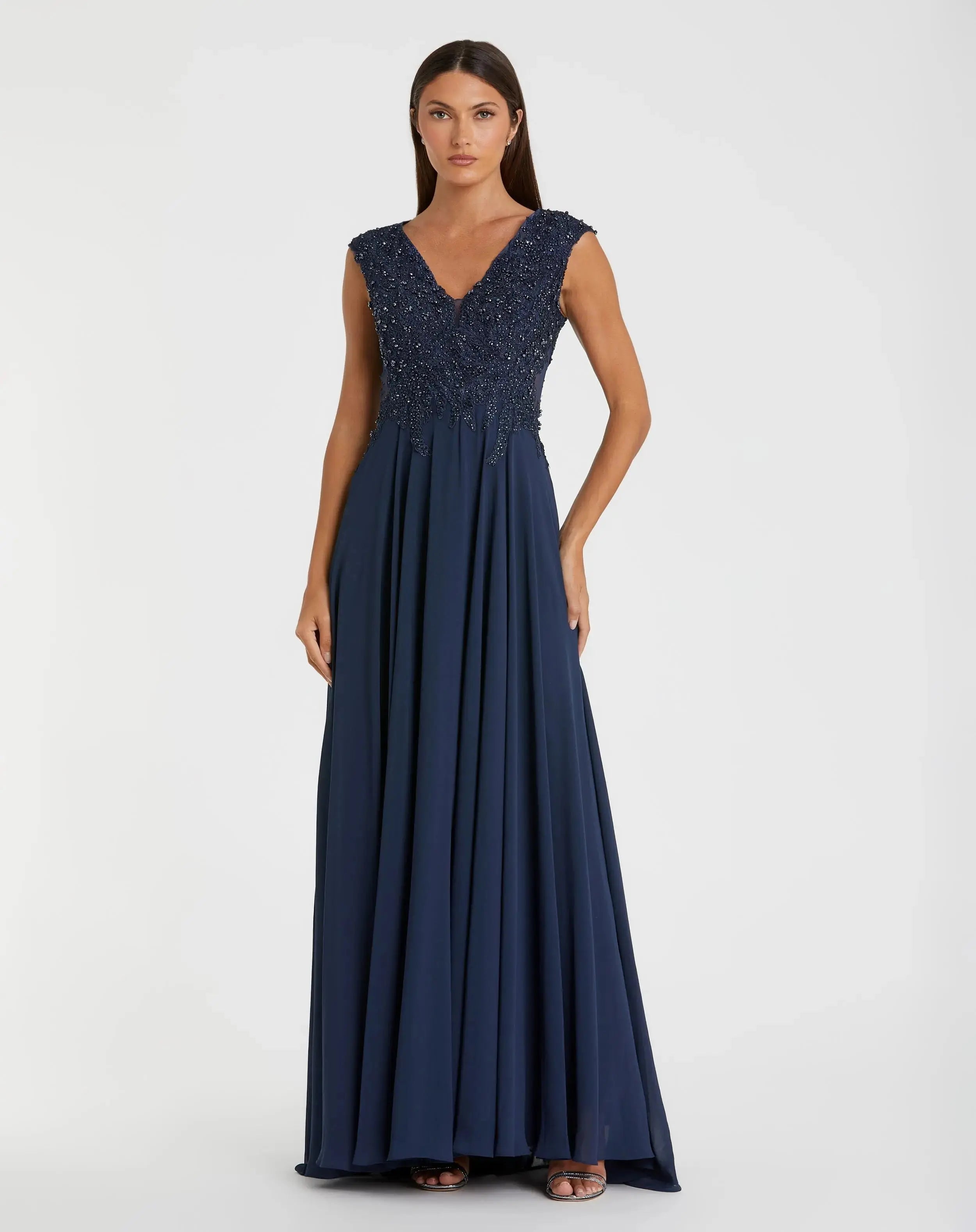 Navy Cap Sleeve Applique Bodice Flowy Gown