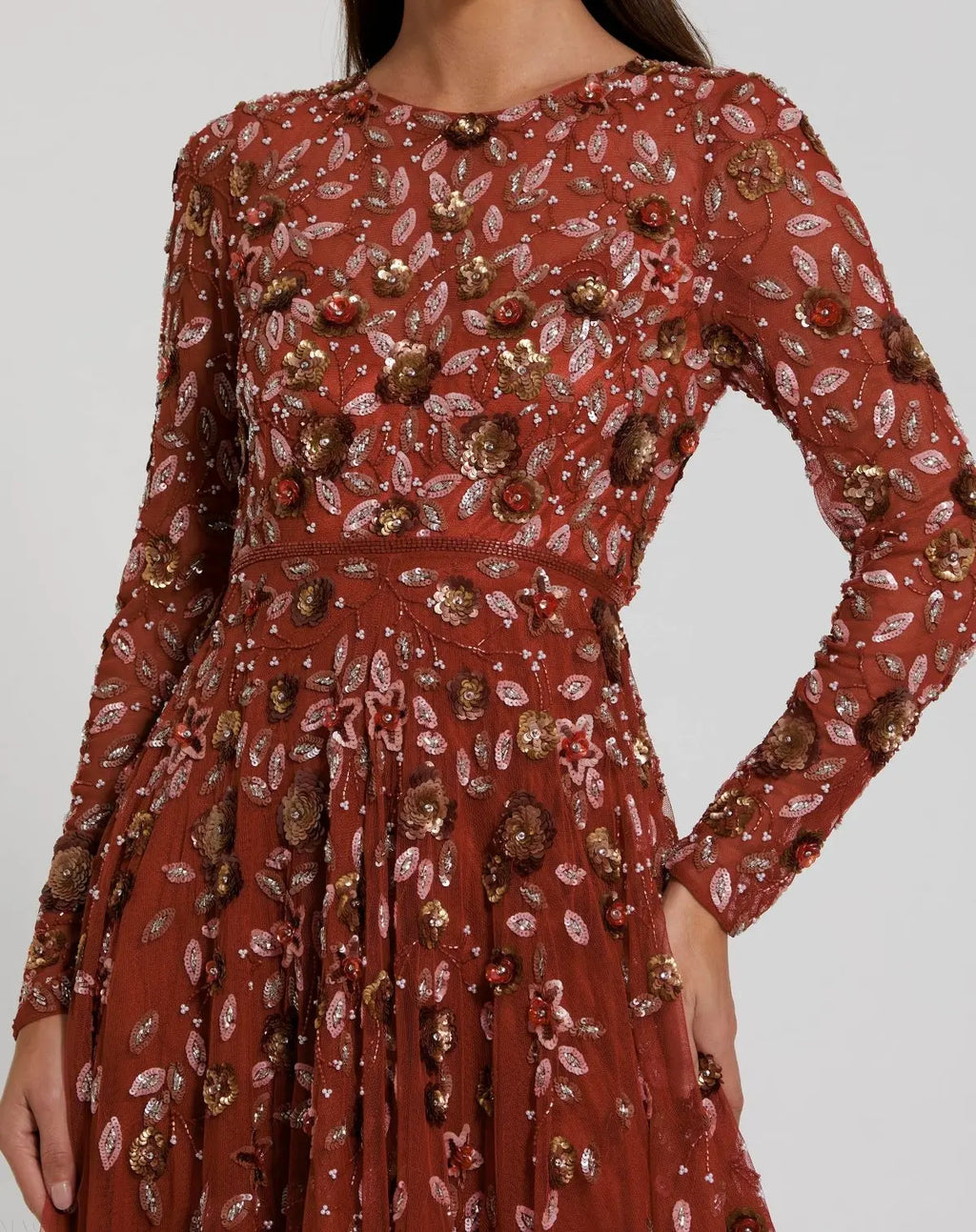 Red Embellished High Neck Long Sleeve A Line Gown