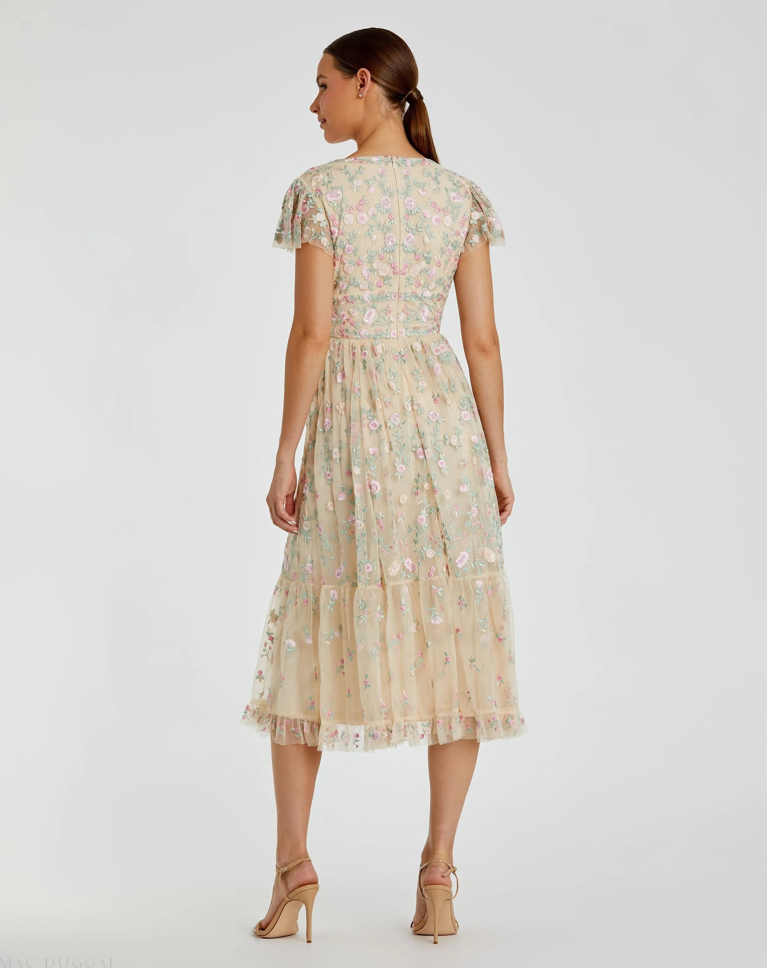 Beige Multicolor Embroidered V Neck Cap Sleeve Midi Dress